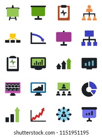 Color and black flat icon set - growth statistic vector, hierarchy, presentation board, monitor, circle chart, pulse, clipboard, statistics, arrow up graph, crisis