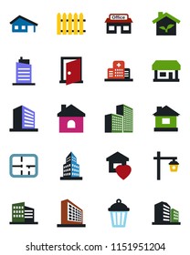 Color and black flat icon set - office building vector, fence, house, garden light, hospital, store, with garage, plan, sweet home, city, eco, door