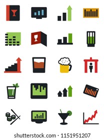 Color and black flat icon set - security gate vector, growth statistic, monitor, barcode, equalizer, scanner, statistics, bar graph, wine card, drink, cocktail, phyto, beer, sushi, arrow up