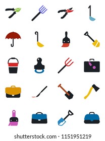 Color and black flat icon set - suitcase vector, job, shovel, farm fork, bucket, pruner, axe, scalpel, umbrella, themes, case, stamp, ladle