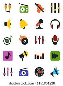 Color and black flat icon set - vinyl vector, flame disk, microphone, radio, settings, equalizer, headphones, fast forward, rca, tuning, bell, mute, music, sound, advertising