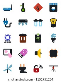 Color and black flat icon set - chip vector, power plug, wireless lock, router, air conditioner, home control app, water filter, washer, smoke detector, thermometer, bulb, energy saving, sound