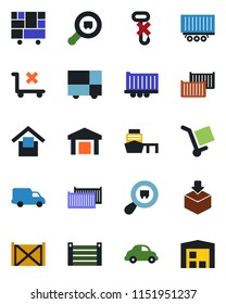 Color and black flat icon set - truck trailer vector, cargo container, car delivery, sea port, consolidated, warehouse storage, no trolley, hook, package, search