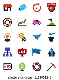 Color and black flat icon set - seedling vector, alarm led, arrow up graph, gear, shining head, motivation, clock, growth, flag, car, paper plane, hierarchy, crisis management, certificate, mail