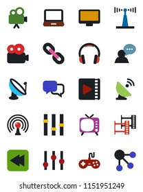 Color and black flat icon set - satellite antenna vector, film frame, tv, gamepad, settings, video camera, dialog, speaker, headphones, monitor, laptop pc, chain, rewind, social media