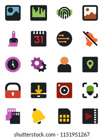 Color and black flat icon set - mobile camera vector, gallery, settings, themes, user, clock, bell, scanner, sd, sim, network, calendar, download, mute, place tag, lock, face id, fingerprint, video