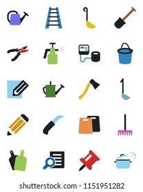Color and black flat icon set - document search vector, pencil, shovel, rake, ladder, watering can, bucket, pruner, garden knife, axe, sprayer, blood pressure, drawing pin, ladle, cutting board