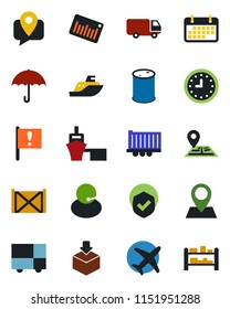 Color and black flat icon set - navigation vector, pin, important flag, plane, support, mobile tracking, sea shipping, truck trailer, car delivery, clock, term, port, container, consolidated cargo