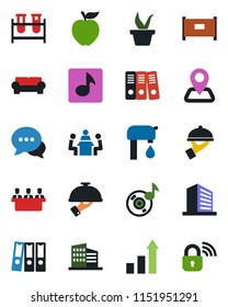 Color and black flat icon set - fence vector, office building, growth statistic, seedling, blood test vial, navigation, dialog, music, paper binder, meeting, water supply, cushioned furniture