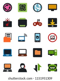 Color and black flat icon set - no laptop vector, bomb in case, wireless notebook, pc, support, gamepad, network, monitor, hdmi, folder, data exchange, download, document, chip, home control app