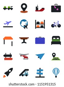 Color and black flat icon set - departure vector, suitcase, signpost, baggage larry, ladder car, helicopter, luggage storage, plane globe, case, bike, navigation, sea shipping, place tag, bedroom