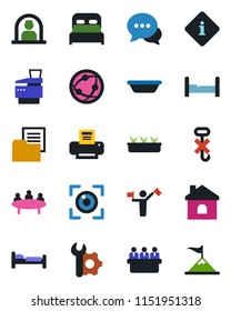 Color and black flat icon set - dispatcher vector, reception, bed, meeting, house, seedling, folder document, no hook, network, dialog, root setup, printer, copier, bedroom, bowl, eye scan