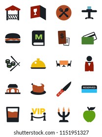 Color and black flat icon set - waiter vector, dish, restaurant table, cafe, wine card, menu, reserved, drink, building, candle, vip zone, alcove, credit, receipt, chicken, hamburger, knife, sushi