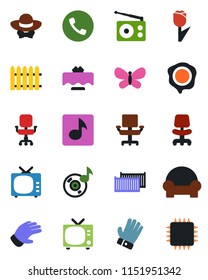 Color and black flat icon set - phone vector, tv, office chair, stamp, fence, glove, butterfly, cargo container, tulip, radio, music, cushioned furniture, restaurant table, dress code, chip