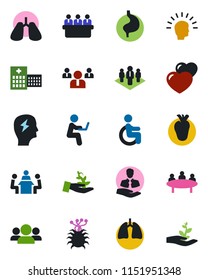 Color and black flat icon set - team vector, brainstorm, meeting, disabled, stomach, lungs, real heart, hospital, virus, client, company, group, palm sproute, shining head, man with notebook