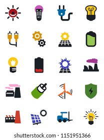 Color and black flat icon set - fork loader vector, bulb, factory, remote control, low battery, rca, protect, sun panel, windmill, power plug, alarm led, gear, idea