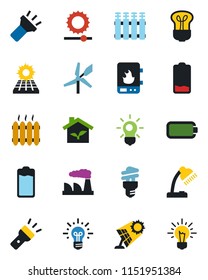 Color and black flat icon set - factory vector, battery, low, torch, brightness, desk lamp, sun panel, heater, eco house, water, radiator, bulb, energy saving, windmill, idea