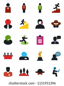 Color and black flat icon set - manager vector, pedestal, run, doctor, support, speaker, identity card, meeting, career ladder, estate agent, waiter, dress code, man with notebook