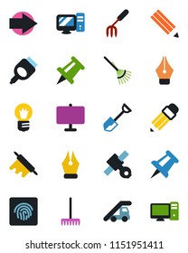 Color and black flat icon set - right arrow vector, ladder car, drawing pin, bulb, garden fork, shovel, rake, satellite, hdmi, fingerprint id, presentation board, ink pen, pencil, rolling, pc