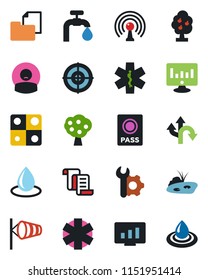 Color and black flat icon set - passport vector, wind, contract, statistic monitor, water drop, ambulance star, patient, route, folder document, antenna, application, root setup, target, pond