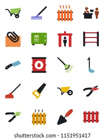 Color and black flat icon set - passport control vector, security gate, safe, trowel, rake, wheelbarrow, pruner, saw, hoe, oil barrel, rack, paper clip, heater, ladle, knife, radiator