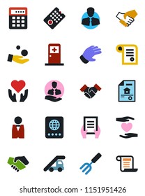 Color and black flat icon set - passport vector, ladder car, medical room, document, garden fork, glove, heart hand, client, handshake, estate, waiter, remote control, combination lock, investment