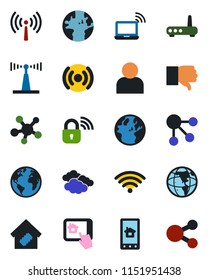 Color and black flat icon set - antenna vector, wireless notebook, clouds, earth, share, finger down, user, smart home, lock, router, control app, social media