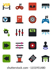 Color and black flat icon set - airport tower vector, stamp, scales, gamepad, settings, fast forward, rewind, rec button, tuning, record, air conditioner, vip zone, home control, remote, garage gate