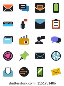 Color and black flat icon set - mobile phone vector, speaking man, mail, network, speaker, paper pin, message, clipboard, reserved