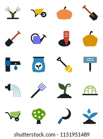 Color and black flat icon set - job vector, shovel, farm fork, watering can, wheelbarrow, sproute, sickle, plant label, pumpkin, greenhouse, fertilizer, drip irrigation, fruit tree