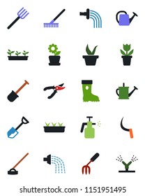 Color and black flat icon set - flower in pot vector, garden fork, shovel, farm, rake, seedling, watering can, pruner, boot, hoe, sickle, sprayer, irrigation