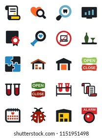 Color and black flat icon set - no laptop vector, contract, statistic monitor, lady bug, blood test vial, heart diagnostic, medical calendar, warehouse, search cargo, application, sertificate