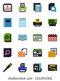 Color and black flat icon set - book vector, document search, pen, notepad, calendar, printer, medical, folder, news, copybook, schedule