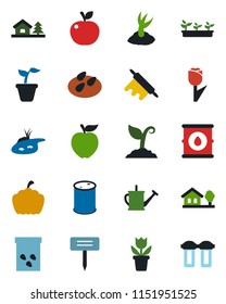 Color and black flat icon set - flower in pot vector, seedling, watering can, sproute, plant label, pumpkin, seeds, tulip, oil barrel, house with tree, pond, rolling pin, apple fruit, water filter