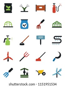 Color and black flat icon set - fence vector, garden fork, farm, wheelbarrow, well, hoe, sickle, plant label, greenhouse, sprayer, fertilizer, drip irrigation, windmill