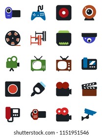 Color and black flat icon set - clapboard vector, film frame, reel, gamepad, video camera, rec button, hdmi, record, tv, web, intercome, surveillance