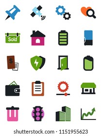 Color and black flat icon set - trash bin vector, drawing pin, house, heart diagnostic, store, traffic light, satellite, battery, protect, brightness, clipboard, office building, sold signboard