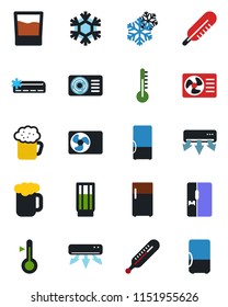 Color and black flat icon set - thermometer vector, air conditioner, fridge, drink, beer, snowflake
