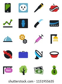 Color and black flat icon set - male vector, case, pen, crisis graph, tree, garden knife, syringe, diet, cash, satellite antenna, cell phone, point, rent, dish, credit card, bowl, socket, gear