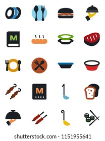 Color and black flat icon set - spoon and fork vector, cafe, menu, plates, waiter, bread, steak, kebab, hamburger, ladle, bowl, sushi