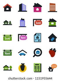 Color and black flat icon set - office building vector, house, real heart, contract, with tree, garage, estate document, rent, sold signboard, search, smart home, city, message