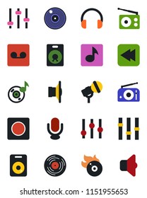 Color and black flat icon set - vinyl vector, flame disk, microphone, radio, speaker, settings, headphones, rewind, tuning, record, music, sound
