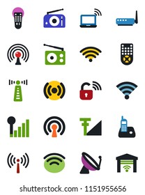 Color and black flat icon set - antenna vector, satellite, wireless notebook, radio, remote control, phone, cellular signal, lock, router, garage gate