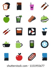 Color and black flat icon set - hot cup vector, seedling, diet, fridge, drink, phyto bar, salad, bacon, bread, kebab, dog, apple fruit, fan