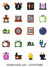 Color and black flat icon set - elevator vector, alarm clock, tv, abacus, stamp, fireplace, vinyl, flame disk, ink pen, house with tree, power plug