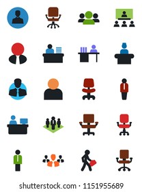 Color and black flat icon set - reception vector, manager, office chair, place, client, user, desk, hierarchy, company, estate agent, group