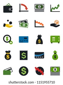 Color and black flat icon set - credit card vector, safe, dollar sign, money bag, crisis graph, cash, receipt, wallet, growth, search, investment