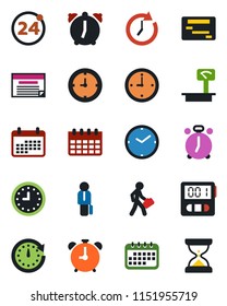 Color and black flat icon set - 24 around vector, alarm clock, calendar, heavy scales, stopwatch, manager, schedule, sand