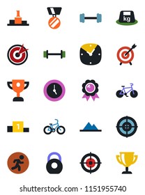 Color and black flat icon set - medal vector, barbell, bike, run, heavy, clock, target, mountains, pedestal, award cup