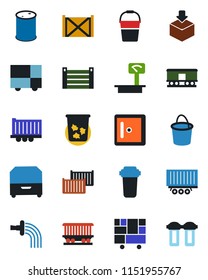 Color and black flat icon set - trash bin vector, checkroom, bucket, watering, railroad, truck trailer, cargo container, consolidated, package, oil barrel, heavy scales, archive box, water filter